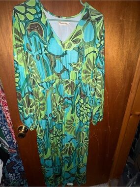 Southern Stitch Bohemian Green & Teal Floral Long Sleeve Maxi Dress EUC